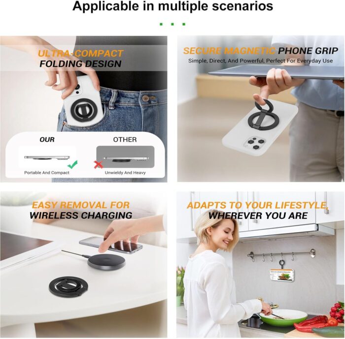 TONGLUO مسكة جوال باصبع, [Compatible with Mag-safe Ring], 360 Rotatable [2025 Upgrade] Dual-Sided Strong Magnet Phone Grip Stand for Secure Hands-Free Viewing, For iPhone 16/15/14/13/12 Pro Max/Plus - Image 6