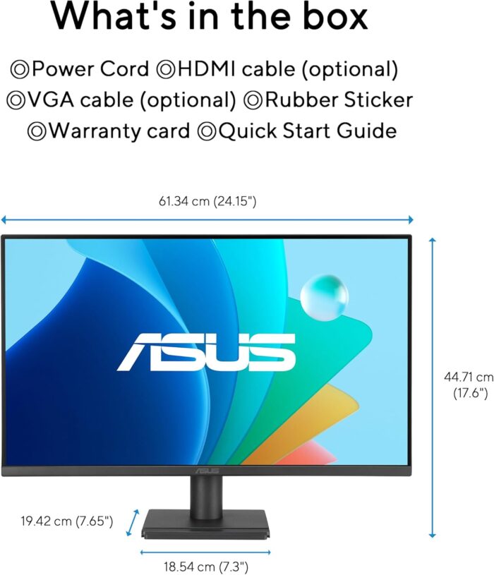 ASUS VA279HG Eye Care Gaming Monitor: 27-inch, IPS, Full HD, 99% sRGB, Frameless, 120Hz, Adaptive-Sync, 1ms MPRT, HDMI, VGA, Low Blue Light, Flicker Free, Wall Mountable - Black - Image 7