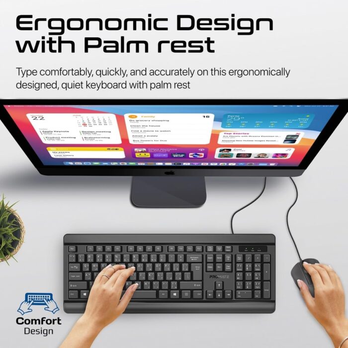 Promate Wired Keyboard and Mouse Combo, Ergonomic Slim Full-Size Quiet Keyboard, 2400 DPI Ambidextrous Mouse, Spill-Resistance, Media Keys, Plug and Play for iMac, MacBook Pro, Dell, COMBO-CM6.E/A - Image 3
