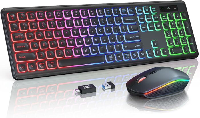 Trueque Wireless Keyboard and Mouse Combo – RGB Backlit, Rechargeable & Light Up Letters, Full-Size, Ergonomic Tilt Angle, Sleep Mode, 2.4GHz Quiet Keyboard Mouse for Mac, Windows, Laptop, PC,