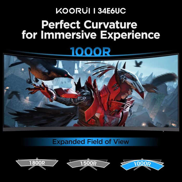 KOORUI 34-inch Curved Ultrawide WQHD 3440×1440 Gaming Monitor, 165Hz 1000R- PIP/PBP, 1ms(MPRT), HDR400, DCI-P3 95%, FreeSync Premium, 1 x DP 1.4 & 2 x HDMI 2.0, Tilt Height Swivel Adjustment, 34E6UC - Image 2
