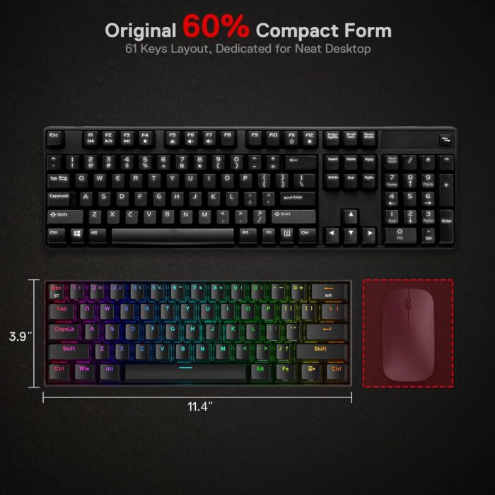 Redragon K530 Pro Draconic 60% Wireless RGB Mechanical Keyboard, Bluetooth/2.4Ghz/Wired 3-Mode 61 Keys Compact Gaming Keyboard w/100% Hot-Swap Socket, Free-Mod Plate Mounted PCB & Tactile Brown Switch - Image 5