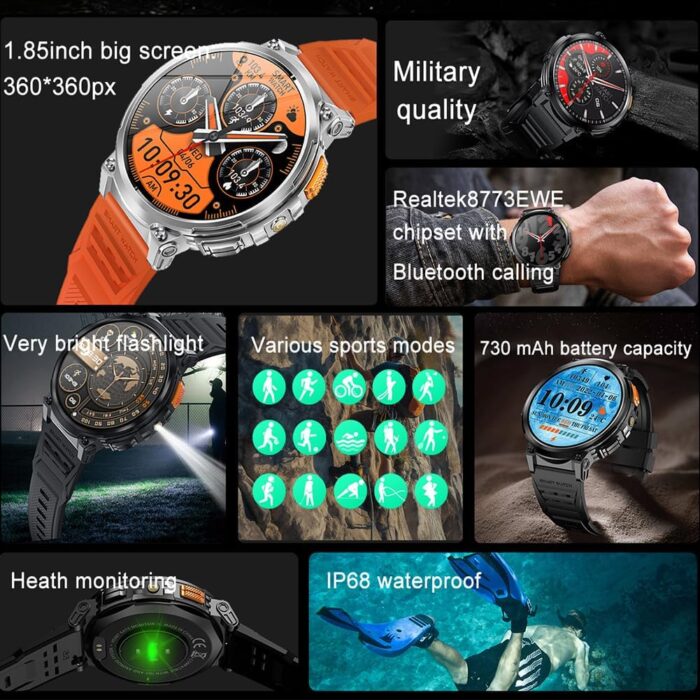 Military Smart Watch for Men with LED Flashlight 1.85” Rugged Smart Watch 730mAh Battery 114 Sports Modes Fitness Watch Heart Rate Sleep Tracker Tactical Smartwatch for iOS Android,Orange - Image 2