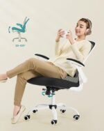 SONGMICS Ergonomic Canvas Office Chair, Armchair, Padded Lumbar Support, Rocker Mechanism, 53 cm Wide Seat, Folding Armrests, Black and White OBN37WT - Image 6