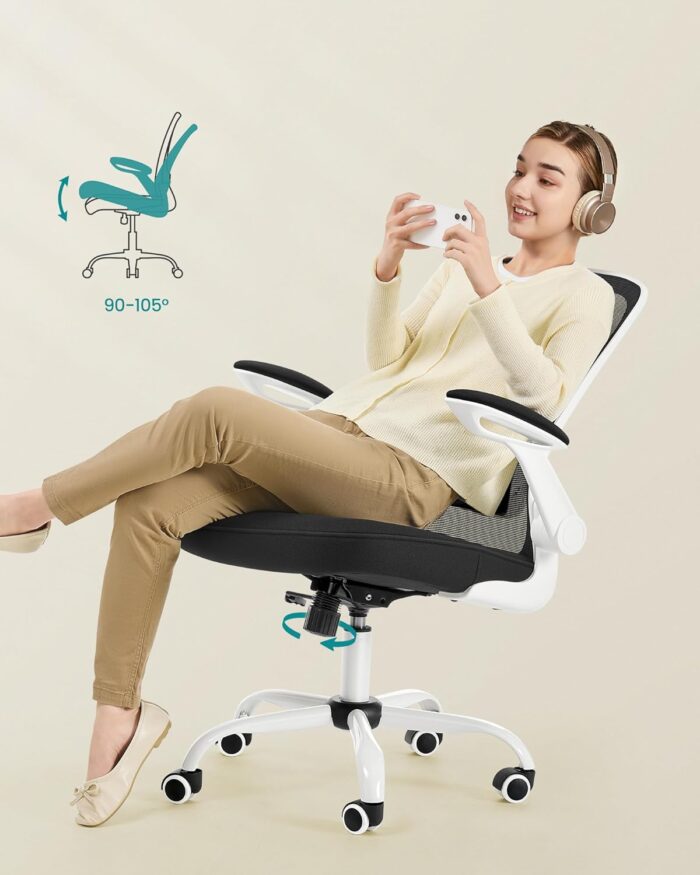 SONGMICS Ergonomic Canvas Office Chair, Armchair, Padded Lumbar Support, Rocker Mechanism, 53 cm Wide Seat, Folding Armrests, Black and White OBN37WT - Image 6