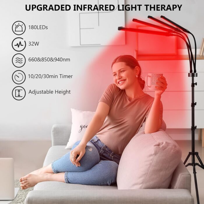Hottoerak Red Light Therapy, 180LEDs Red Light Lamp, Upgraded Infrared Lamp 660nm & 850nm & 940nm with Stand with 5 Brightness and Timer for Home Use - Image 3