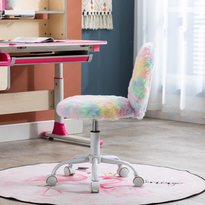 DM Furniture Cute Fuzzy Kids Chair Comfy Study Desk Chair Furry Studing Computer Task Chair Faux Fur Swivel Vanity Chair for Girls Bedroom, Multi-Color - Image 5