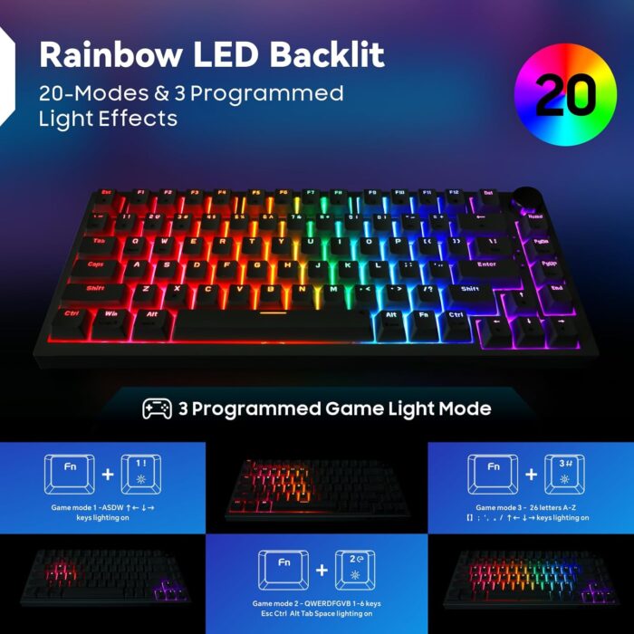 Baytion Mechanical Gaming Keyboard, 82 Keys 75% Compact Gaming Keyboard with Rainbow LED Backlit Wired Anti-Ghosting Mechanical Keyboard with Knob for Windows and Mac, White(Red Switches） - Image 5