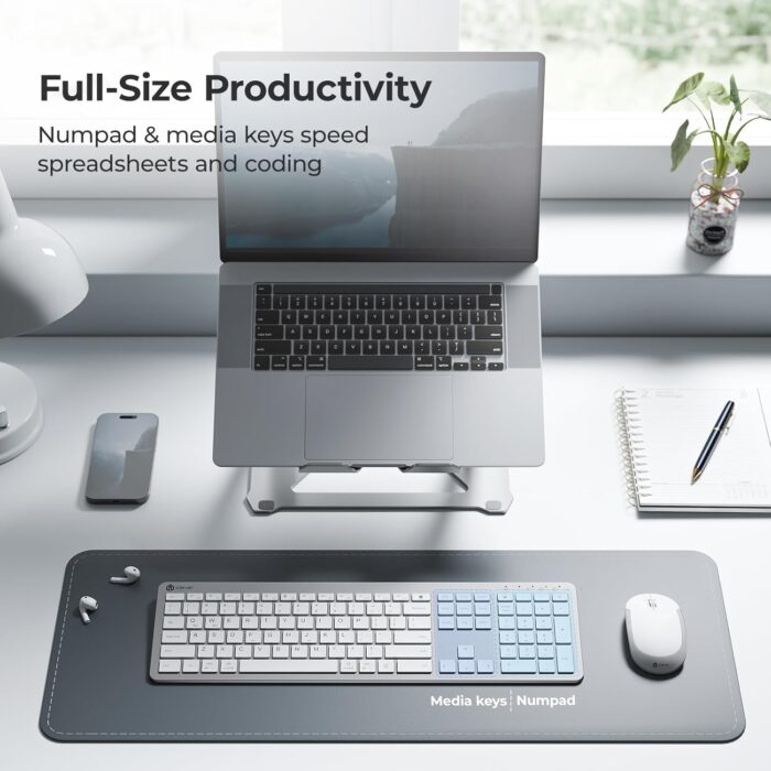 iClever GK08 Wireless Keyboard and Mouse Combo - Full-Size Ergonomic Keyboard with Number Pad, 2.4G USB, Quiet Click, 3-Level DPI, Rechargeable, Slim Design for Windows/Mac, Silver - Image 3
