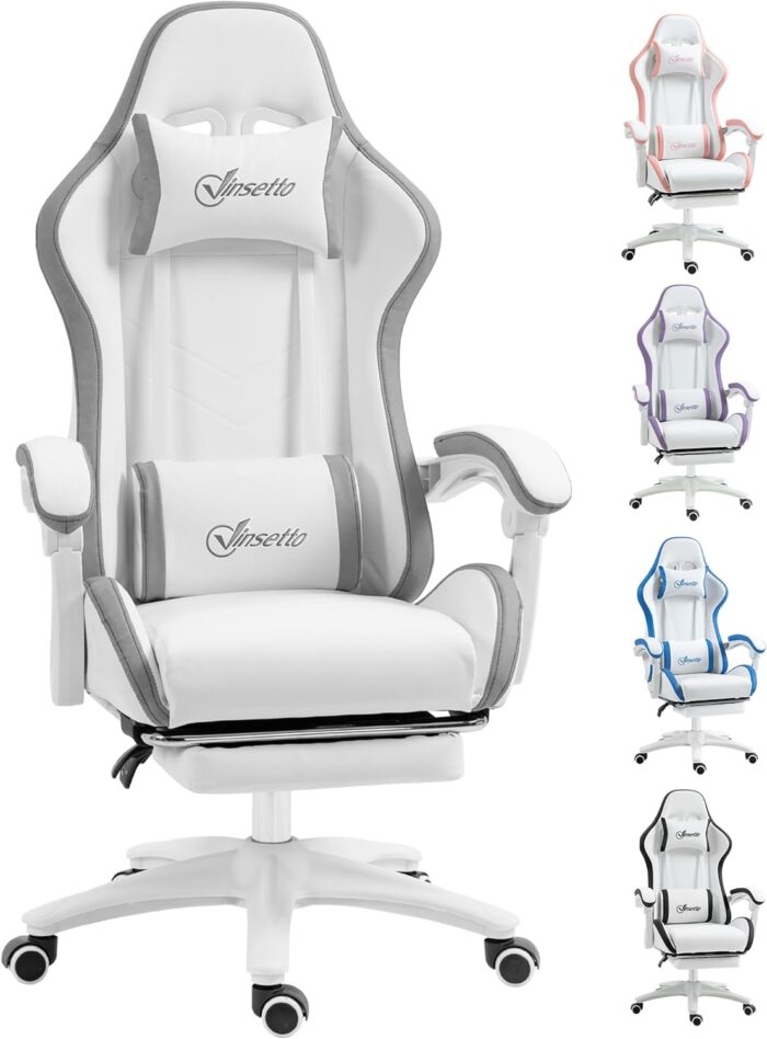 Vinsetto Racing Gaming Chair, Reclining PU Leather Computer Chair with 360 Degree Swivel Seat, Footrest, Removable Headrest and Lumber Support, White and Grey