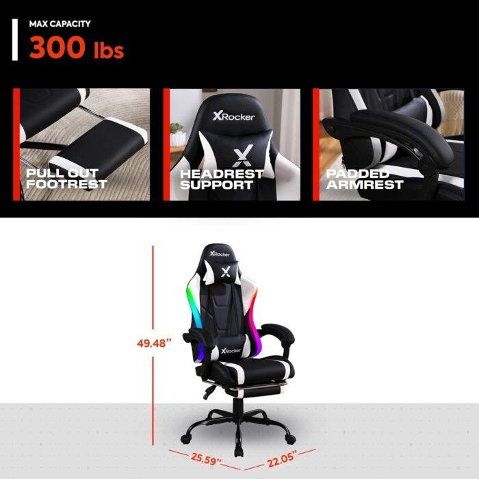 X Rocker Achiever PC Video Gaming Chair, RGB LED Lighting, Adjustable Ergonomic Office Desk Chair for Computer Gamers with Wheels, Black & White - Image 2