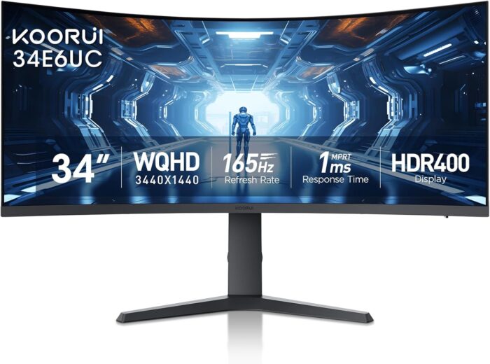 KOORUI 34-inch Curved Ultrawide WQHD 3440×1440 Gaming Monitor, 165Hz 1000R- PIP/PBP, 1ms(MPRT), HDR400, DCI-P3 95%, FreeSync Premium, 1 x DP 1.4 & 2 x HDMI 2.0, Tilt Height Swivel Adjustment, 34E6UC
