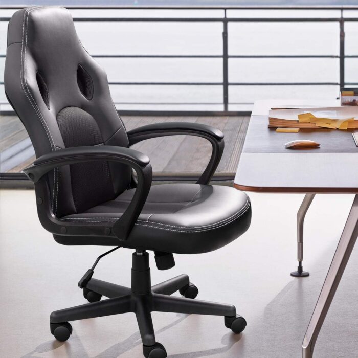 Furmax Office Desk Leather Gaming, High Back Ergonomic Adjustable Racing Task Swivel Executive Computer Chair Headrest and Lumbar Support (Black) - Image 2