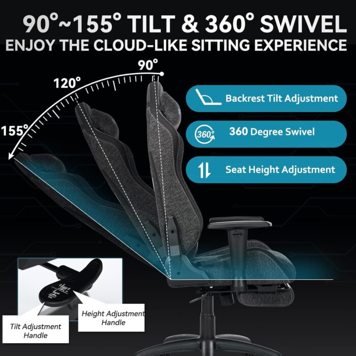 Efomao Ergonomic Gaming Chair with Footrest, Dark Grey Technical Fabric Computer Chair, Adjustable Height Office Seat with Headrest, Lumbar Support, 360° Swivel Video Gaming - Image 4