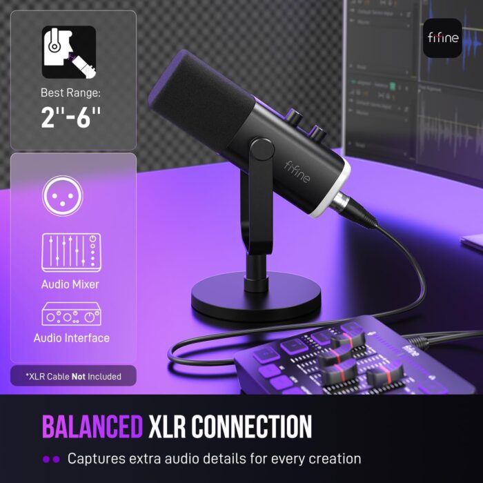 FIFINE XLR/USB Dynamic Microphone for Podcast Recording, PC Computer Gaming Streaming Mic with RGB Light, Mute Button, Headphones Jack, Desktop Stand, Vocal Mic for Singing YouTube-AmpliGame AM8 - Image 6