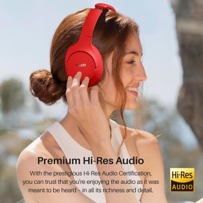 TOZO HT2 Hybrid Active Noise Cancelling Headphones, Wireless Over Ear Bluetooth Headphones, 60H Playtime, Hi-Res Audio Custom EQ via App Deep Bass Comfort Fit Ear Cups, for Home Office Travel Red - Image 2