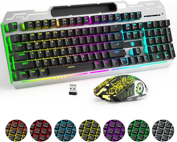 XISOGUU Wireless Gaming Keyboard and Mouse Combo, RGB Backlit Rechargeable 2000 mAh Battery, Mechanical Feel Anti-ghosting Keyboard + 6D 4800DPI Mice for PC Gamer