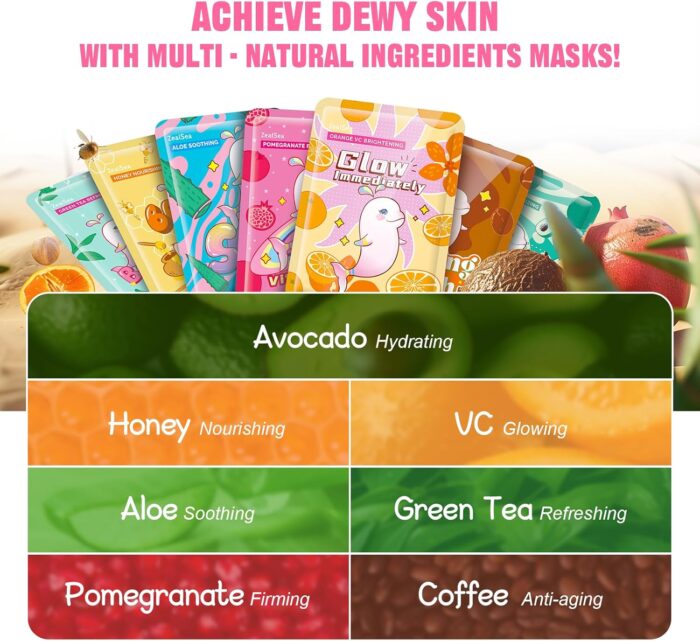 ZealSea Sheet Mask Face Mask Skin Care (Pack of 7) Beauty Facial Mask Kids Spa Face Mask Birthday Party gifts Women, kids Girls Skincare - Hydrate, Brighten, Moisturize,Soothe for All Skin Types - Image 4