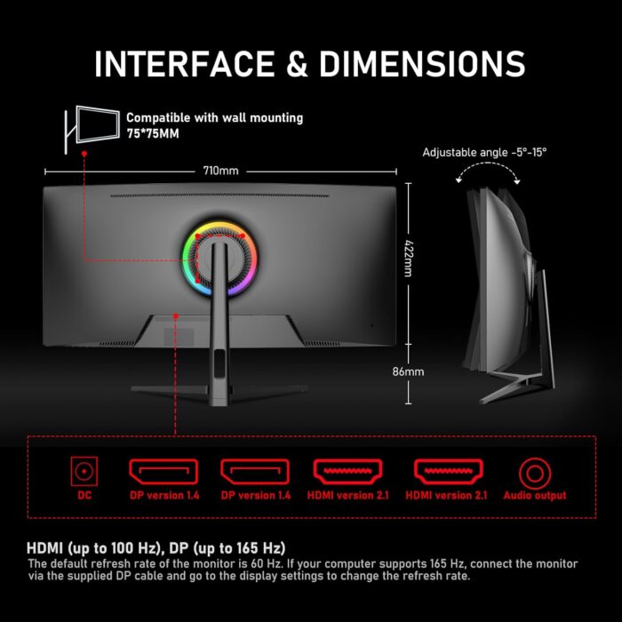 Gawfolk 34" Inch Gaming Monitor UWQHD 165Hz Curved 1500R Ultrawide 21:9 Computer Monitor 3440x1440 1ms(GTG) 100% sRGB FreeSync PIP/PBP RGB Backlight Display Screen for Office & Gaming - Image 7