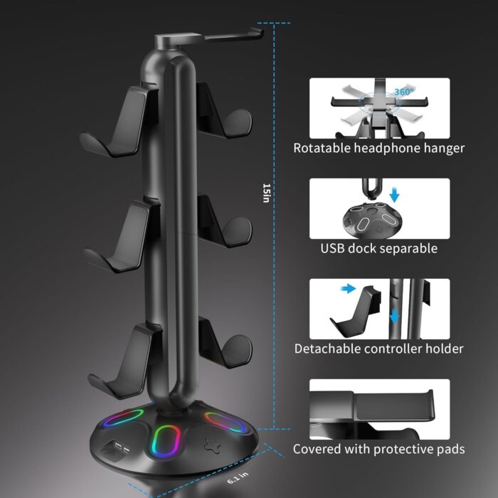 RGB Headphone Controller Stand with HUB, 9 Light Modes Gaming Headset Holder for Desk, Controller Headphone Holder with USB*2+Type-C+3.5mm - Charging & Data for Gaming Setup Gamer Accessories(Black) - Image 4