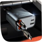 LISEN 4 in One Retractable iPhone Car Charger Cigarette Lighter Adapter [69W], Fast Charge USB C Car Charger Adapter with Retractable Cord Cable, Car Organization for iPhone 15 Pro Max Plus