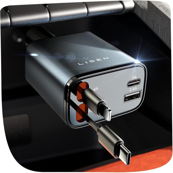 LISEN 4 in One Retractable iPhone Car Charger Cigarette Lighter Adapter [69W], Fast Charge USB C Car Charger Adapter with Retractable Cord Cable, Car Organization for iPhone 15 Pro Max Plus - Image 1