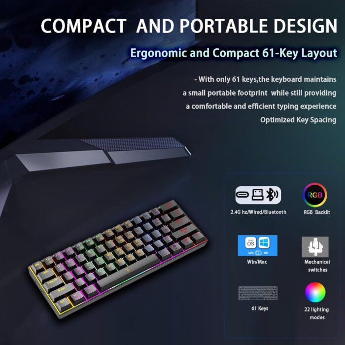 infino Wireless Bluetooth Tri-Mode (2.4G/Bluetooth/USB-C) Mechanical Keyboard, Multi-Platform Support (Windows/Mac/Linux/Tablet), Rechargeable 61-Key RGB Backlit Brown Switch Gaming Keyboard - Image 6