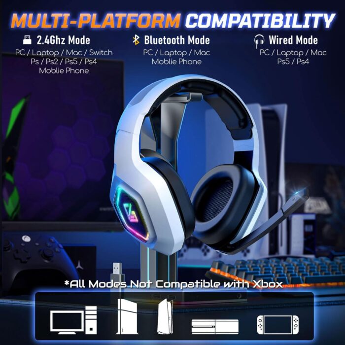 Garlo Wireless Gaming Headset with 7.1 Surround Sound & 60H+ Hrs, 2.4GHz/Wired/Bluetooth Gaming Headphones with USB and Type-c, RGB Over Ear Headphones for Pc, Ps4, Ps5, Switch, Laptop, Mobile, Mac - Image 7