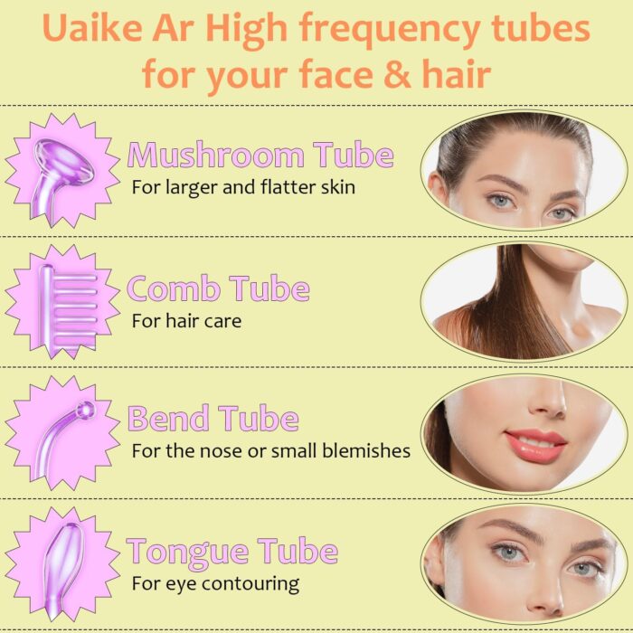 Uaike High Frequency Facial Wand - 4 in 1 Violet Portable Handheld High Frequency Facial Machine - at Home Face Skin Wand Device with 4 Pcs Purple Glass Tubes - Image 2