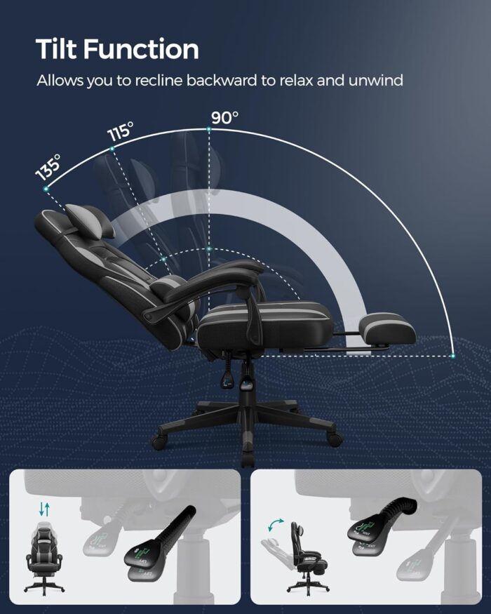 SONGMICS OBG073B03 Gaming Chair, Desk Chair with Footrest, Office Chair with Headrest and Lumbar Cushion, Height-Adjustable, Ergonomic, 90-135° Tilt Angle, Maximum Load 150 kg, Black/Grey - Image 5
