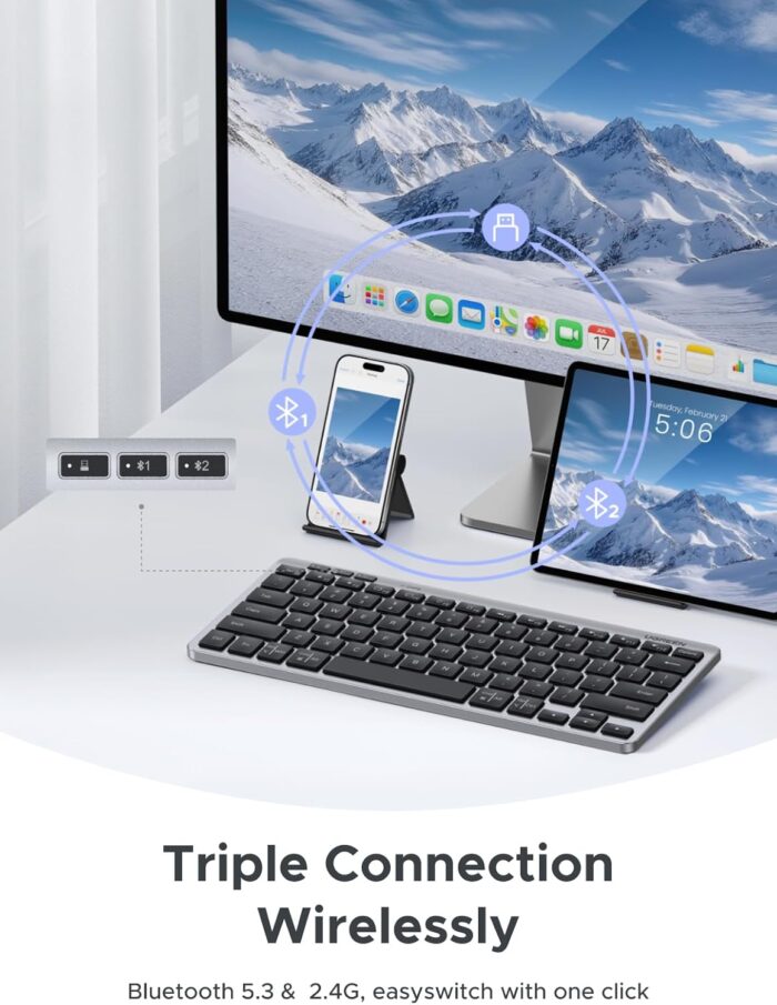 UGREEN Wireless Keyboard 3 Device Bluetooth&2.4G Slim Silent Keyboard with Scissor-Switch Design, 250-Day Battery Life, 4°-9° Adjustable Stand, Compact Portable Keyboard for Mac,iPad, Windows, Android - Image 4