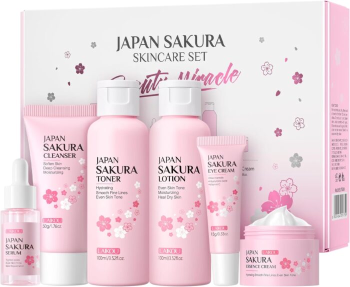 LAIKOU Sakura Skincare Set – 6 PCS Hydrating and Revitalizing Skincare Gift Set for Women, Teens, Moms & Daughters – Deep Cleansing, Anti-Aging, Nourishing, Even Skin Tone Treatment