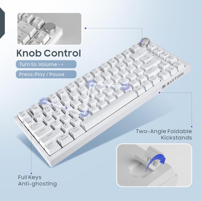 Baytion Mechanical Gaming Keyboard, 82 Keys 75% Compact Gaming Keyboard with Rainbow LED Backlit Wired Anti-Ghosting Mechanical Keyboard with Knob for Windows and Mac, White(Red Switches） - Image 3