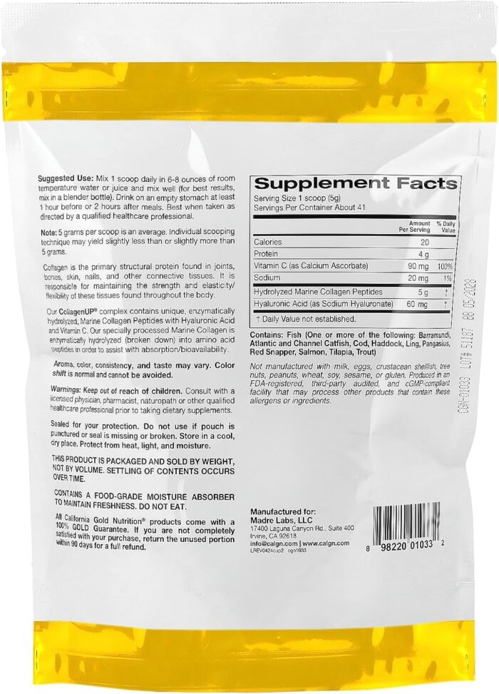 California Gold Nutrition, CollagenUP®, Hydrolyzed Marine Collagen Peptides with Hyaluronic Acid and Vitamin C, Unflavored, 7.26 oz (206 g) - Image 2