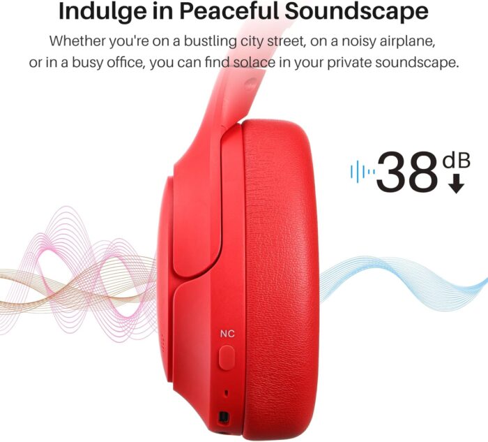 TOZO HT2 Hybrid Active Noise Cancelling Headphones, Wireless Over Ear Bluetooth Headphones, 60H Playtime, Hi-Res Audio Custom EQ via App Deep Bass Comfort Fit Ear Cups, for Home Office Travel Red - Image 3