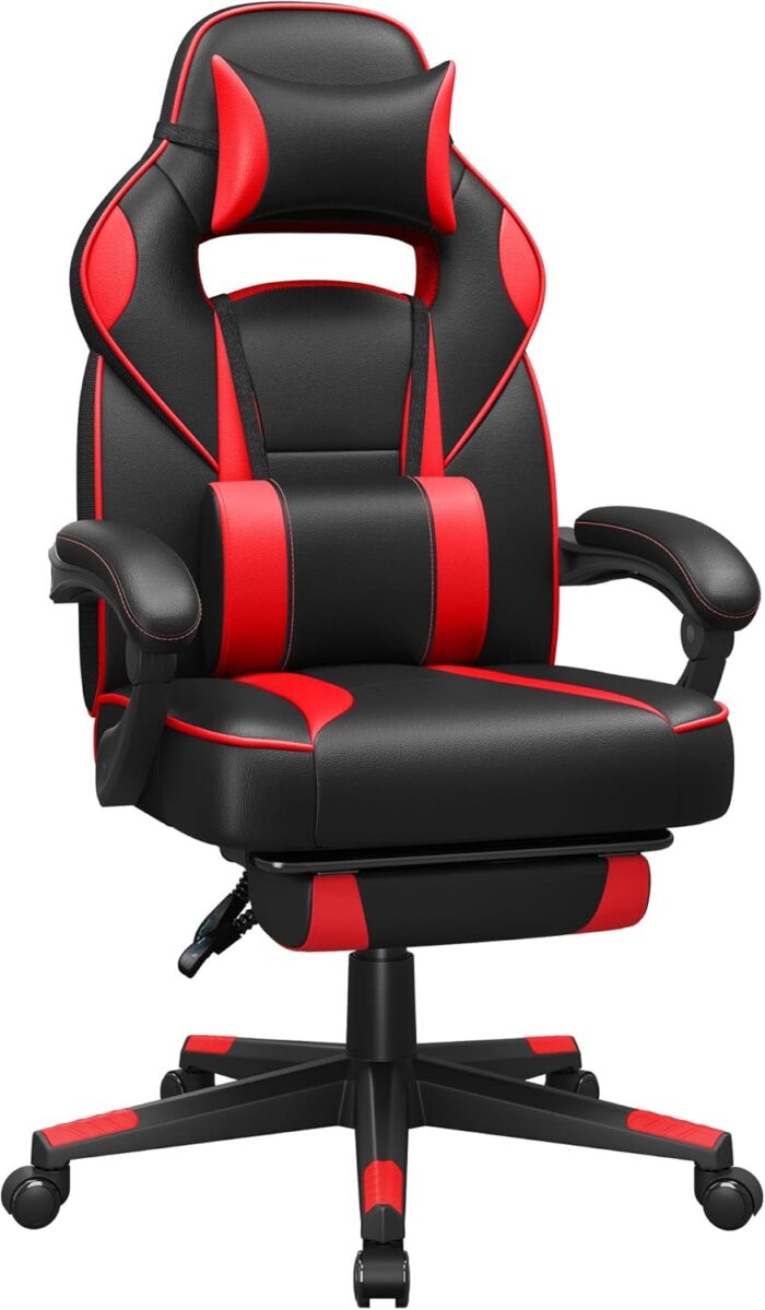 Songmics Racing Gaming Chair, Adjustable Office Chair With Footrest, Ergonomic Design, Tilt Mechanism, Headrest, Lumbar Support, 150 Kg Weight Capacity, Black And Red Obg73Brv1