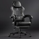 Dowinx Gaming Chair with Pocket Spring Cushion, Ergonomic Game Chair with Footrest and Massage Lumbar Support for Adults, High Back Leather Computer Chair for Office Gaming 300LBS, Grey