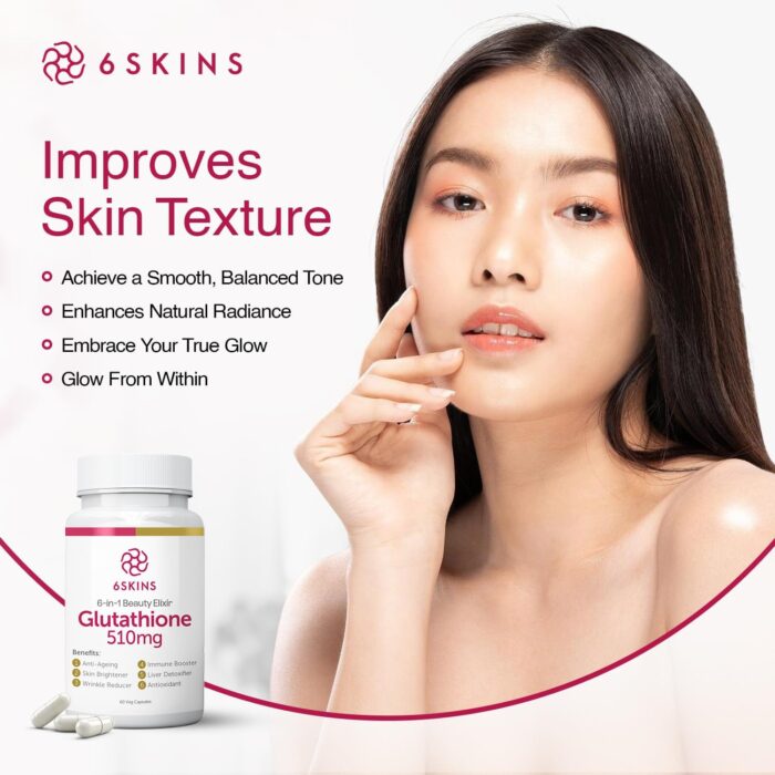 6SKINS® 6in1 Beauty Elixir with L-Glutathione 510mg, NAC 102mg & Hyaluronic Acid 150mg Glutathione Supplement with 4x Absorption - Immune & Liver Support, Powerful Antioxidant for Skin - 60 Capsules - Image 8