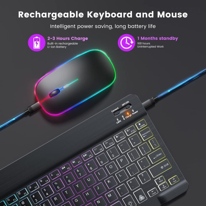 Ultra-slim Bluetooth Keyboard and Mouse Combo for iPad, Rechargeable Wireless Keyboard & Mouse with 7-Color Backlit, Compatible with iPad 9th/8th Gen, iPad Pro/Air/Mini, iPhone14/13/12 Pro (Black) - Image 4