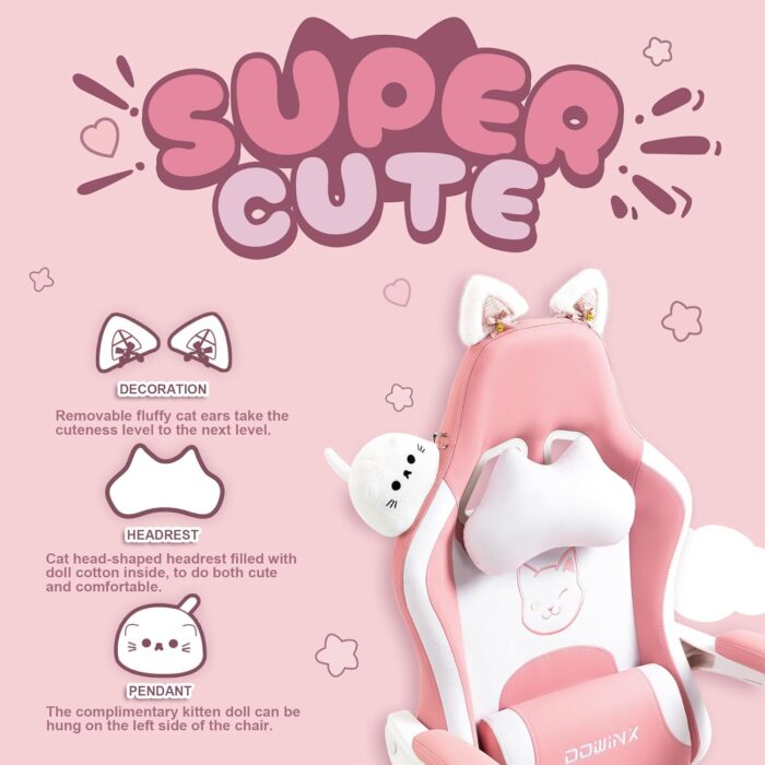 Dowinx Cute Gaming Chair with Cat Ears and Doll, Ergonomic Computer Chair for Girls with Footrest and Massage Lumbar Support, Comfortable Reclining Office Chair, 131.5 kg Load Capacity - Image 3