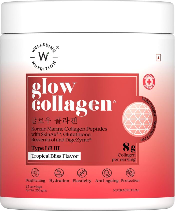 WELLBEING NUTRITION Glow Japanese Marine Collagen Peptides with Skin, Glutathione, Resveratrol, Bromelain & Goji Berry| Tropical Bliss Flavor – 250 g