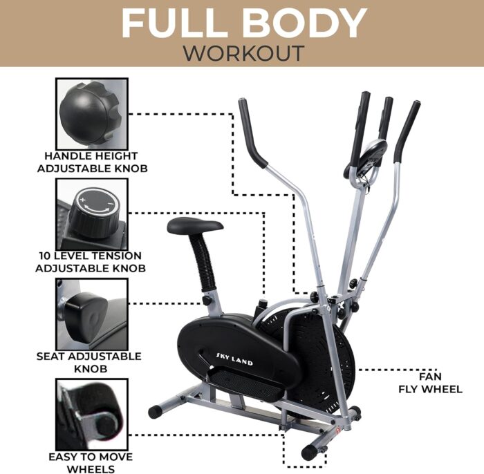 SKY LAND Elliptical Cross Trainer & Exercise Bike – 2-in-1 Home Gym Orbitrek Machine, Adjustable Resistance, LCD Monitor, Full-Body Workout, Belt Drive System, Cardio Fitness Equipment (EM-1502) - Image 3