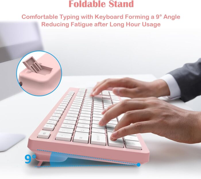 LeadsaiL Wireless Keyboard and Mouse Combo, Full-Sized Ergonomic Computer Keyboard, 2.4GHz Cordless Keyboard Silent Mouse Set with 2-in-1 USB Receiver, 12 FN Shortcuts for Windows Laptop, PC/Mac-Pink - Image 4