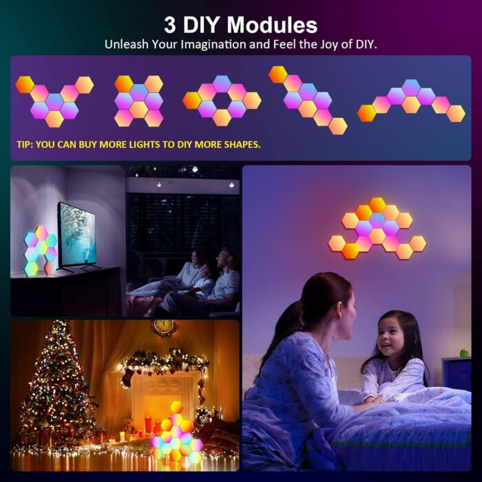 6 Pieces LED Wall Hexagon Lights with Remote Control,Smart LED Wall Light Panels Touch-Sensitive RGB Gaming Night Lights Mood Lightning DIY Module for Gaming Setup/Home Bar Party Decor (V3) - Image 4