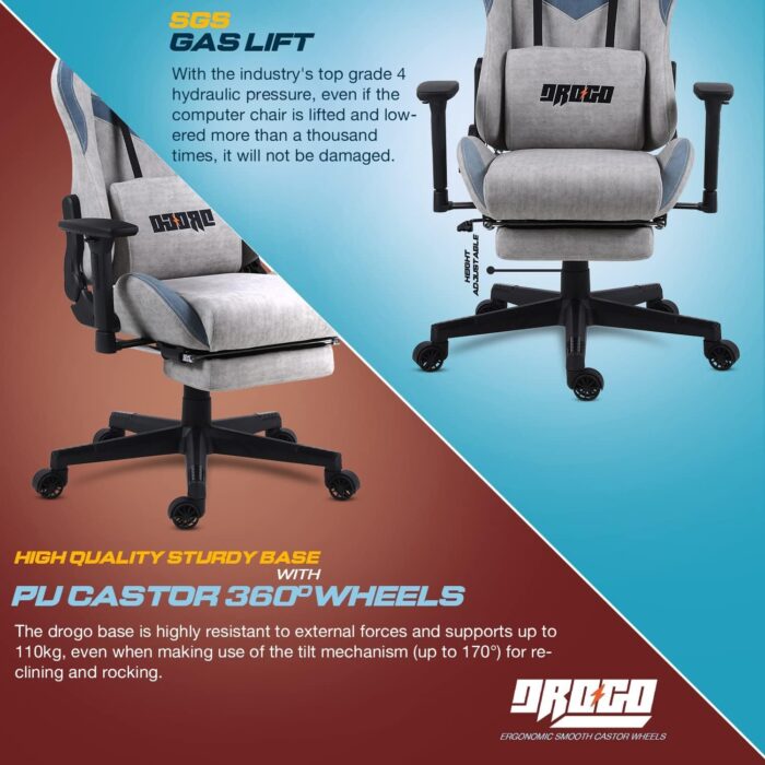 BAYBEE Drogo Multi-Purpose Ergonomic Gaming Chair with 7 Way adjustable Seat with 3D Armrest, Fabric, Head & USB Massager Lumbar Pillow, Office Desk Chair with Full Recliner Back & Footrest(Grey) - Image 8