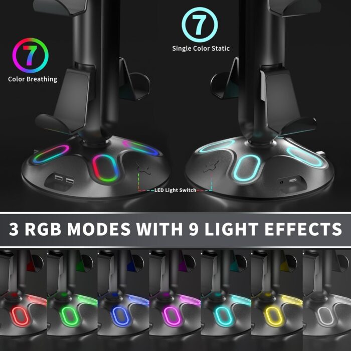 RGB Headphone Controller Stand with HUB, 9 Light Modes Gaming Headset Holder for Desk, Controller Headphone Holder with USB*2+Type-C+3.5mm - Charging & Data for Gaming Setup Gamer Accessories(Black) - Image 2