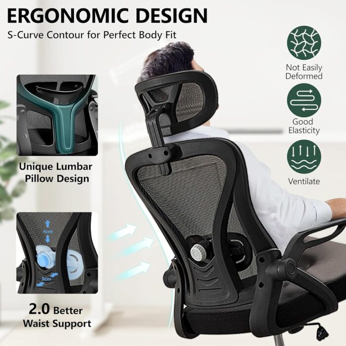 Ergonomic Office Chair, Computer Desk Chair, Mesh Rolling Work Chairs with Wheels and Adjustable Headrests, Comfortable Lumbar Support Gaming Chair, Comfy Flip-up Arms for Home,Bedroom,Study, Black - Image 7