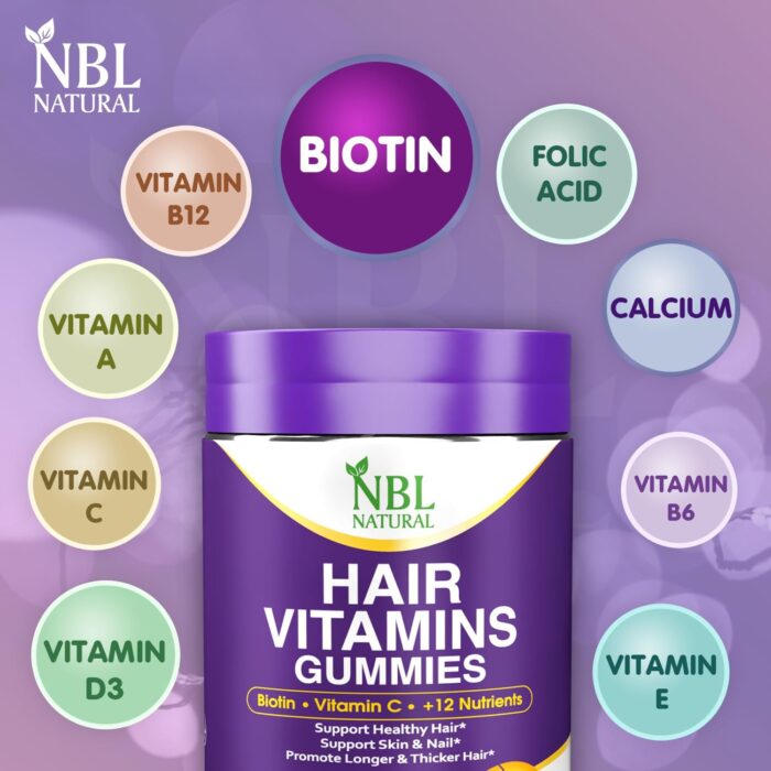 NBL Natural Hair Vitamins 60 Gummies Supplement with Vitamin C, Biotin & Folic Acid Supports Hair Growth, Hair Loss, Healthy Hair, Skin & Nails | Hair Multivitamins Supplements for Men Women's - Image 5