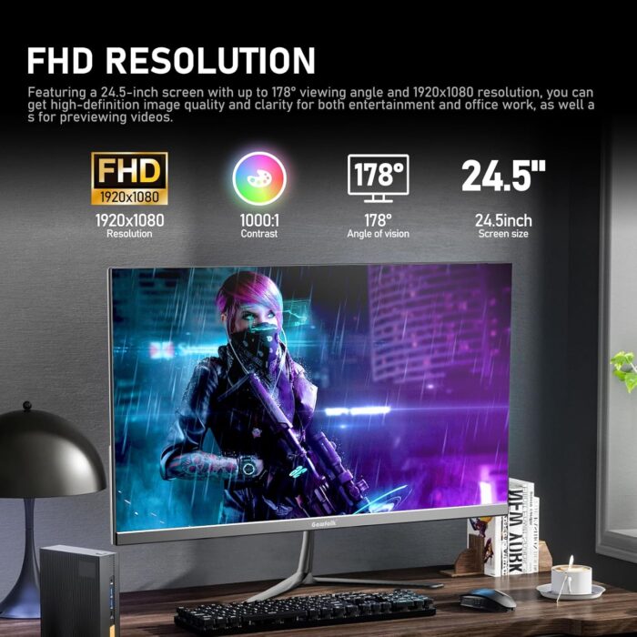 Gawfolk 24.5 Inch FHD 200Hz IPS Flat Gaming Monitor 1080P Computer Monitor 1920x1080 Display Screen 1ms(GTG) 240cd/m² 99% sRGB Suitable for games, entertainment, and office (Built-in Speakers) - Image 2