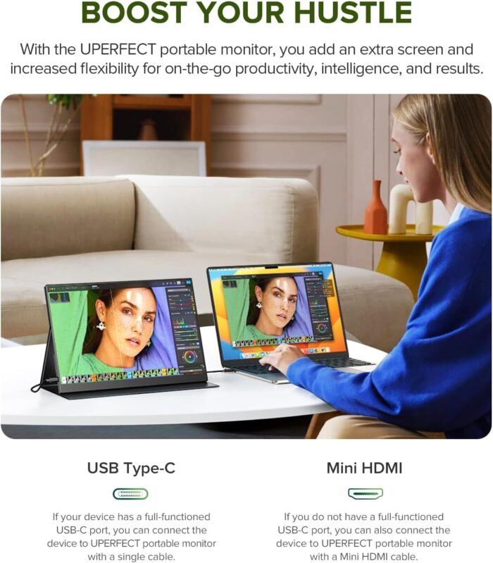 UPERFECT 2K Portable Monitor, 14" Ultra Slim Portable Laptop Monitor 2160 * 1440 QHD External Display with Dual Speakers HDR FreeSync Second Screen for Laptop PC Phone Game Console - Image 5